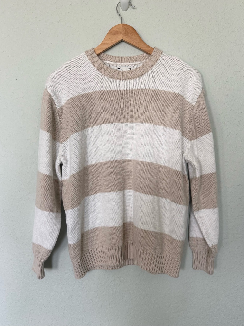 Hollister Beige and White Striped Crewneck Sweater